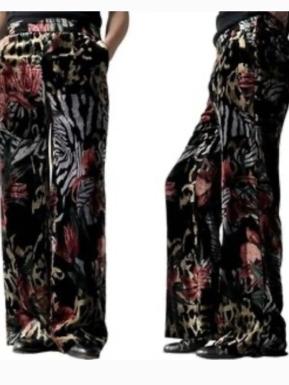 Chico’s Velvet Floral and Animal Print Wide-Leg Pants size 10T New